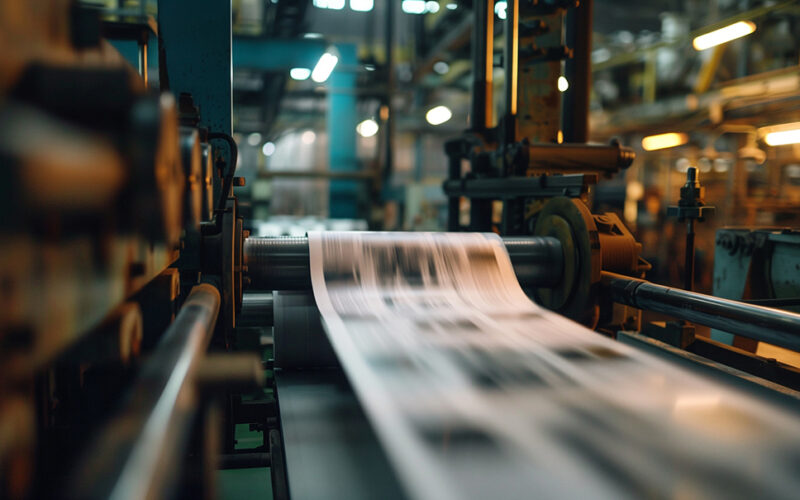 Newspaper production at printing press in publishing house