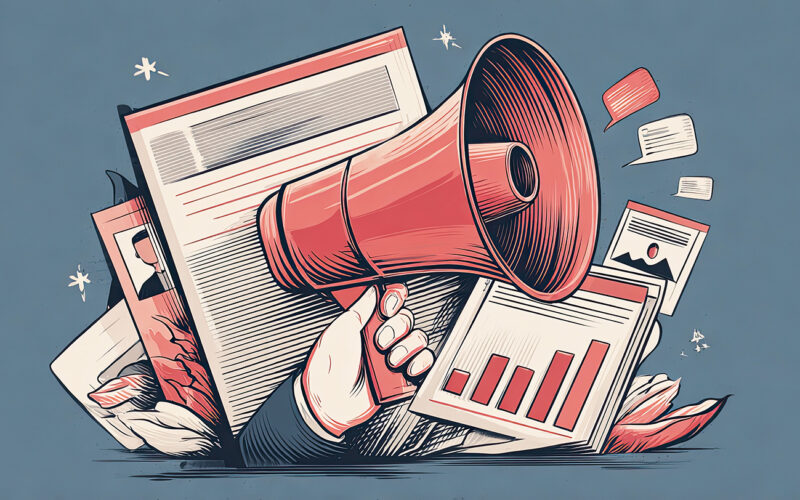 A vibrant illustration featuring a megaphone, newspapers, and ch